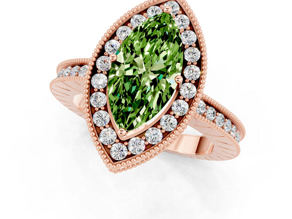 Rose gold Marquise Cut Halo Diamond Engagement Ring with Milgrain Pave Band and Four-Prong Setting