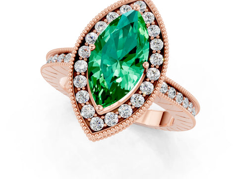 Rose gold Marquise Cut Halo Diamond Engagement Ring with Milgrain Pave Band and Four-Prong Setting_1