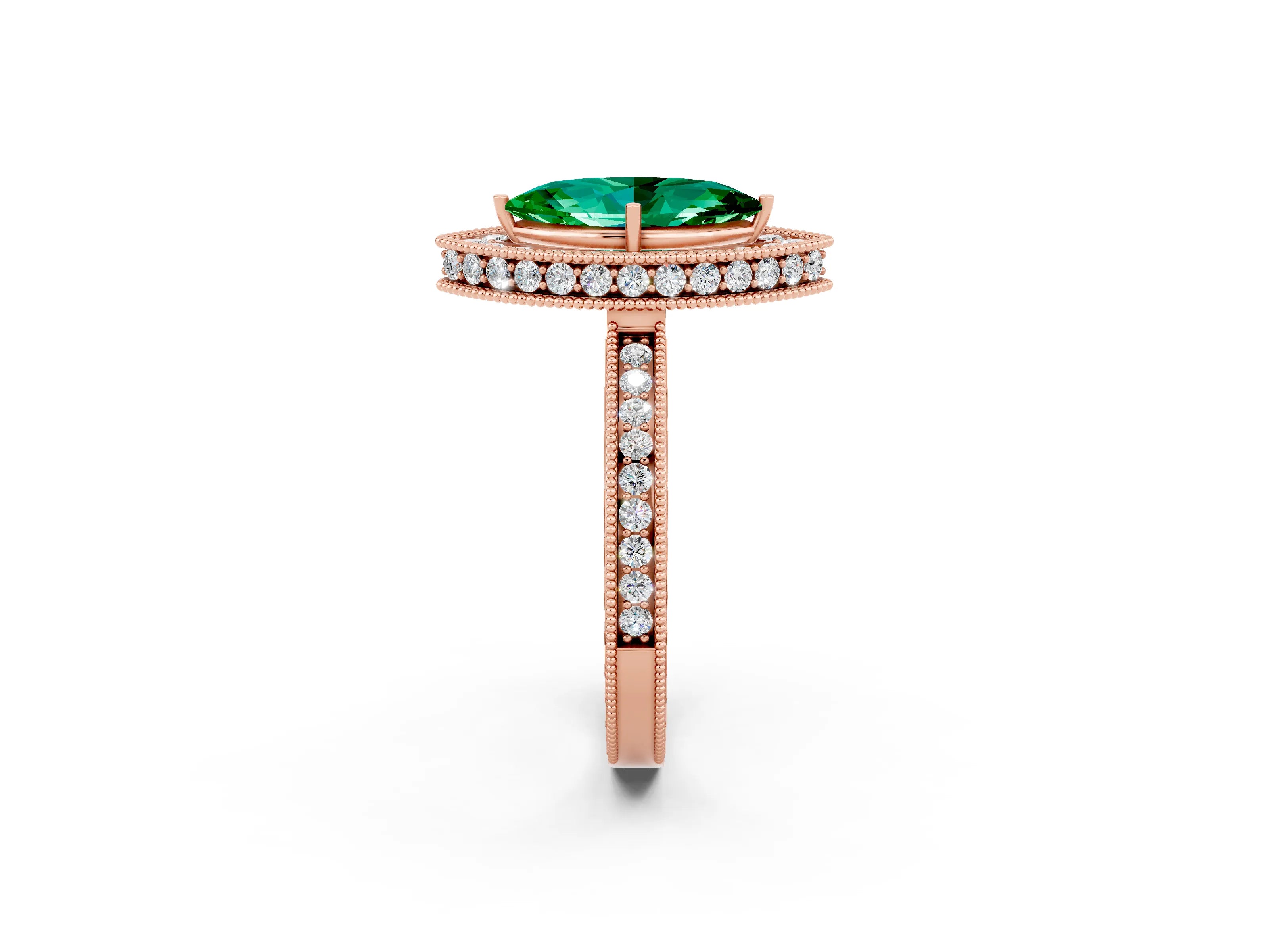 Rose gold Marquise Cut Halo Diamond Engagement Ring with Milgrain Pave Band and Four-Prong Setting_2