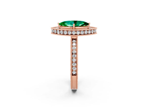 Rose gold Marquise Cut Halo Diamond Engagement Ring with Milgrain Pave Band and Four-Prong Setting