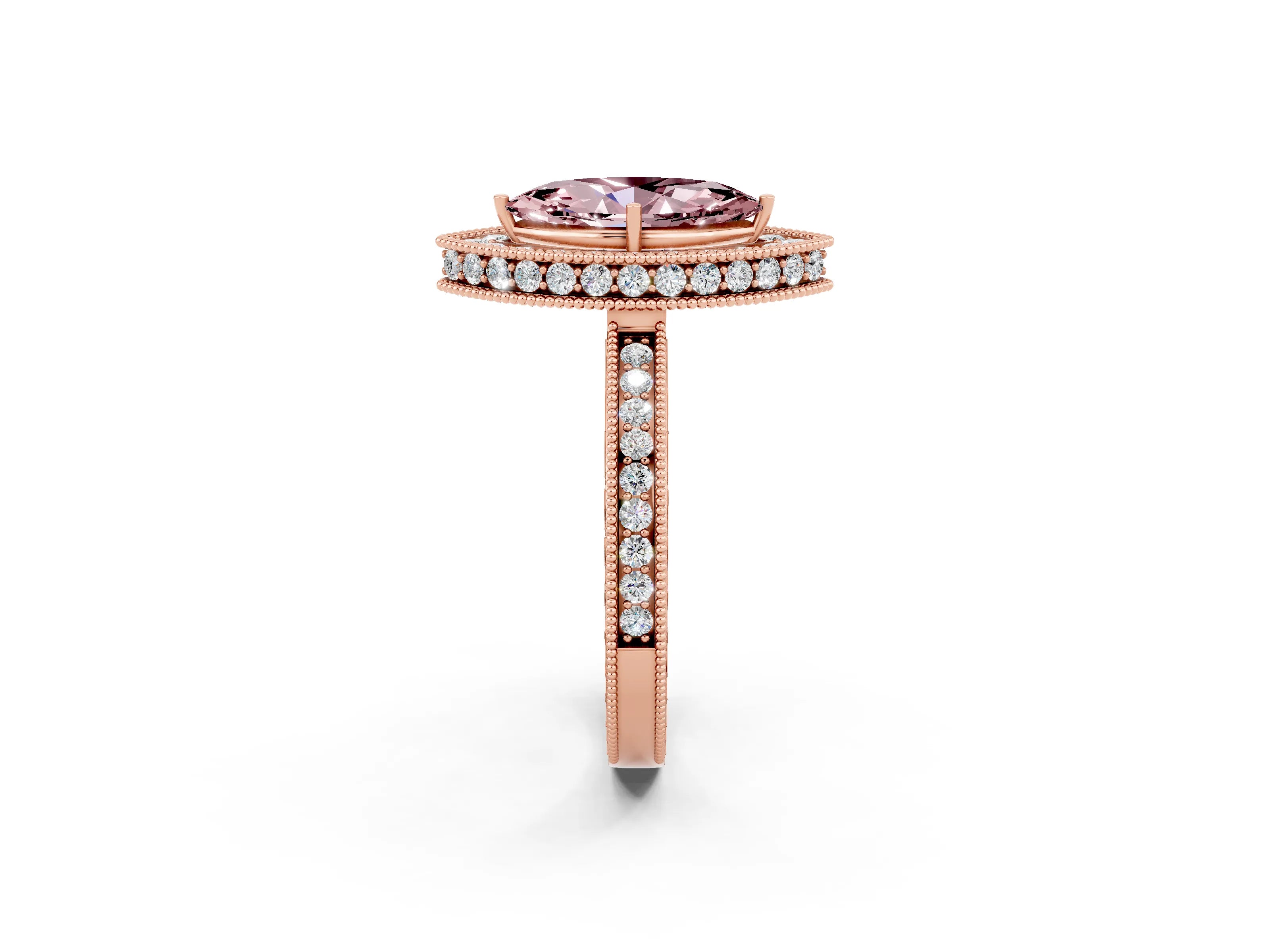 Rose gold Marquise Cut Halo Diamond Engagement Ring with Milgrain Pave Band and Four-Prong Setting_2
