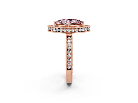 Rose gold Marquise Cut Halo Diamond Engagement Ring with Milgrain Pave Band and Four-Prong Setting_2