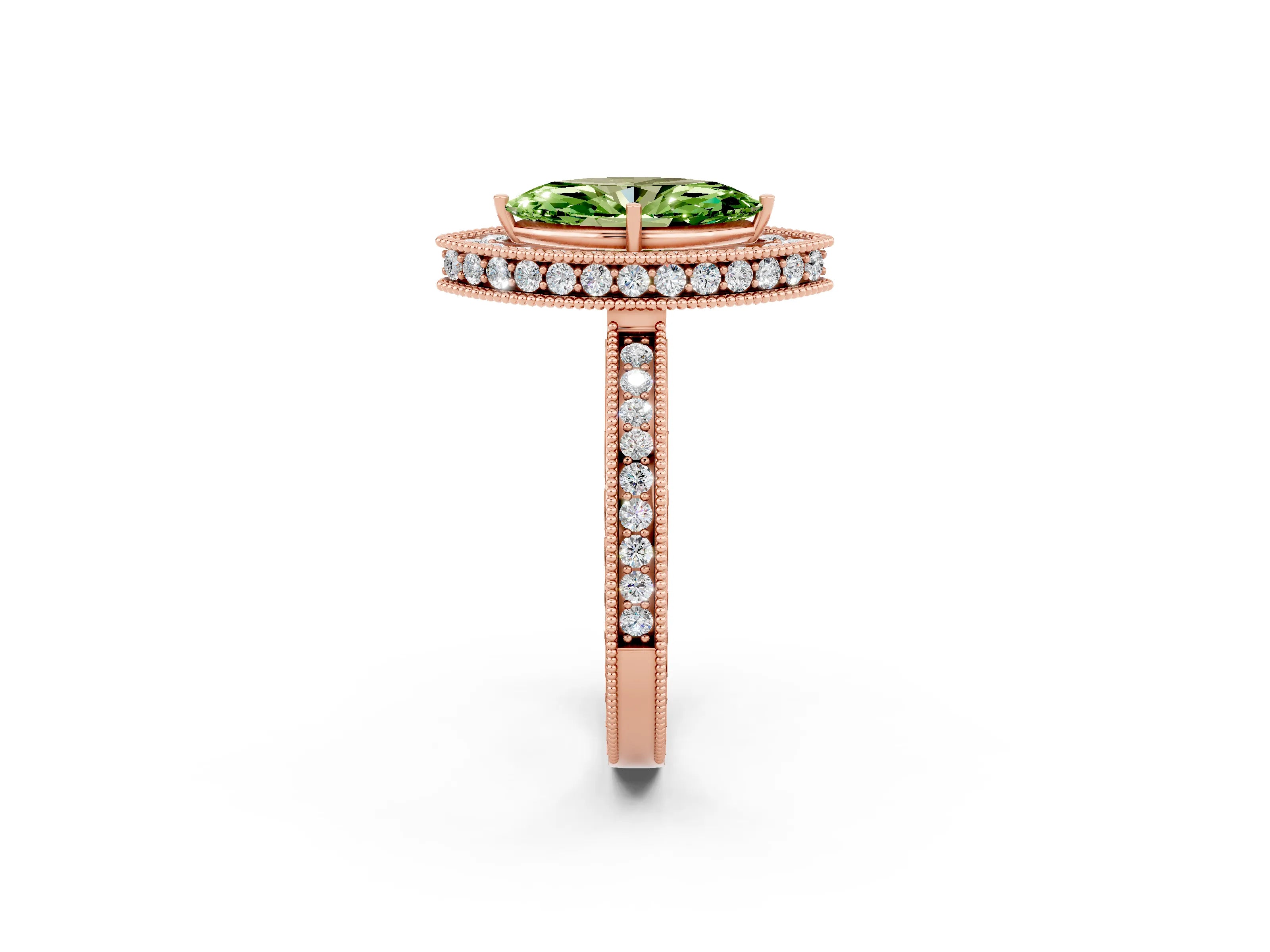 Rose gold Marquise Cut Halo Diamond Engagement Ring with Milgrain Pave Band and Four-Prong Setting_2