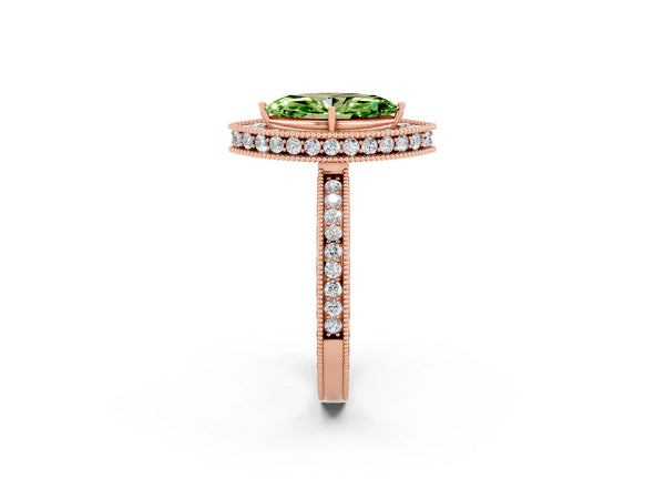 Rose gold Marquise Cut Halo Diamond Engagement Ring with Milgrain Pave Band and Four-Prong Setting