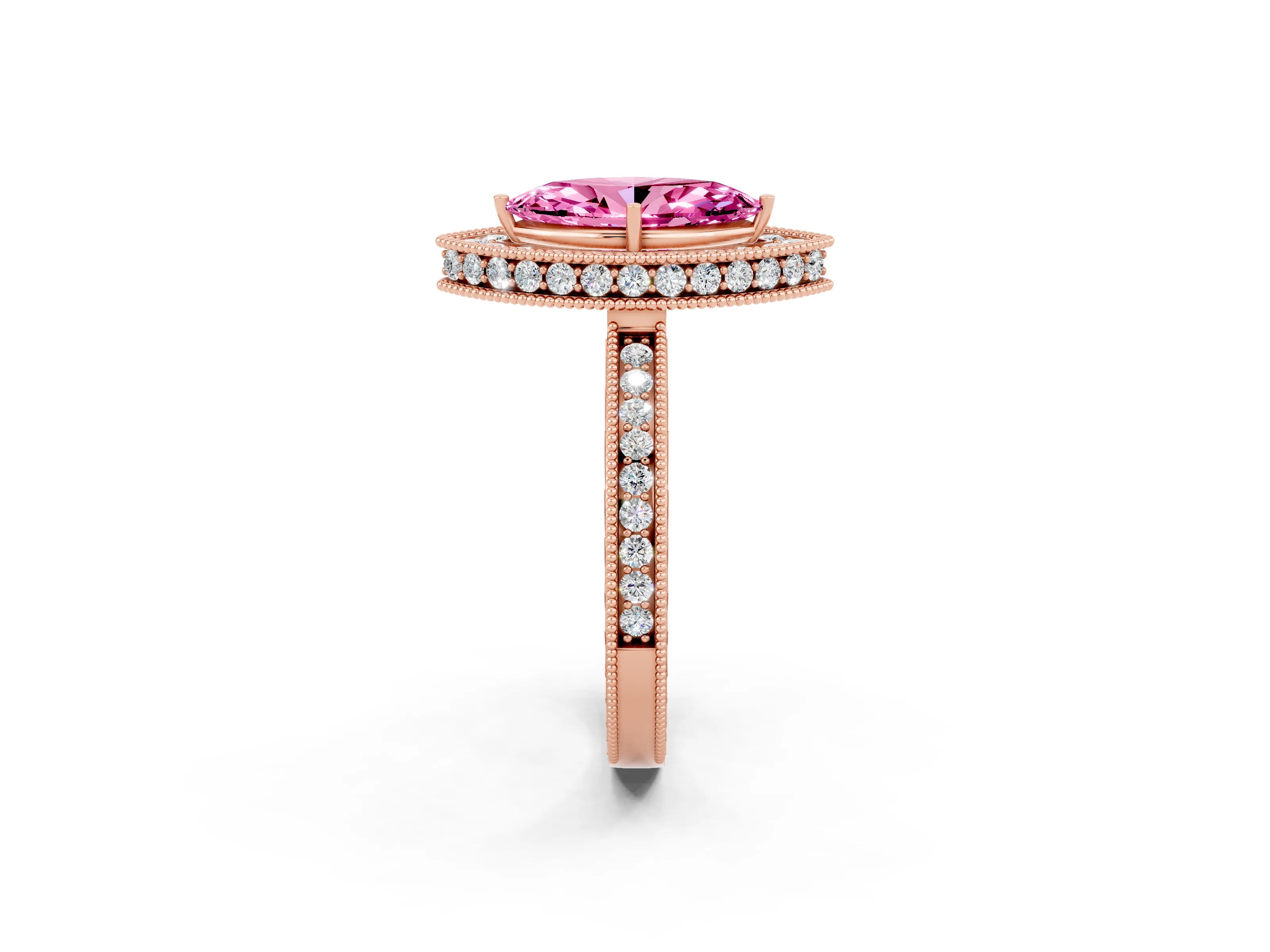 Rose gold Marquise Cut Halo Diamond Engagement Ring with Milgrain Pave Band and Four-Prong Setting_2
