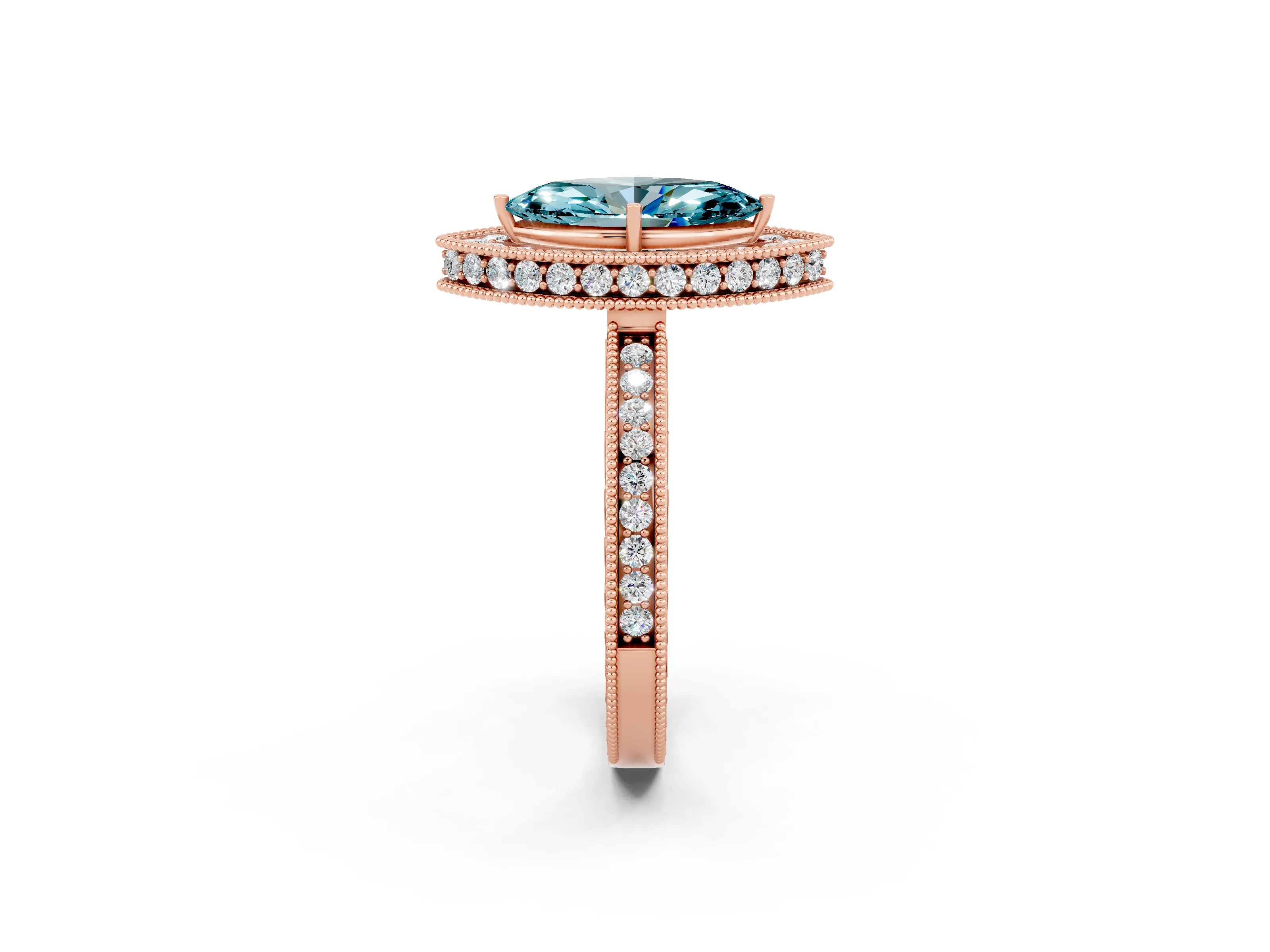Rose gold Marquise Cut Halo Diamond Engagement Ring with Milgrain Pave Band and Four-Prong Setting_2
