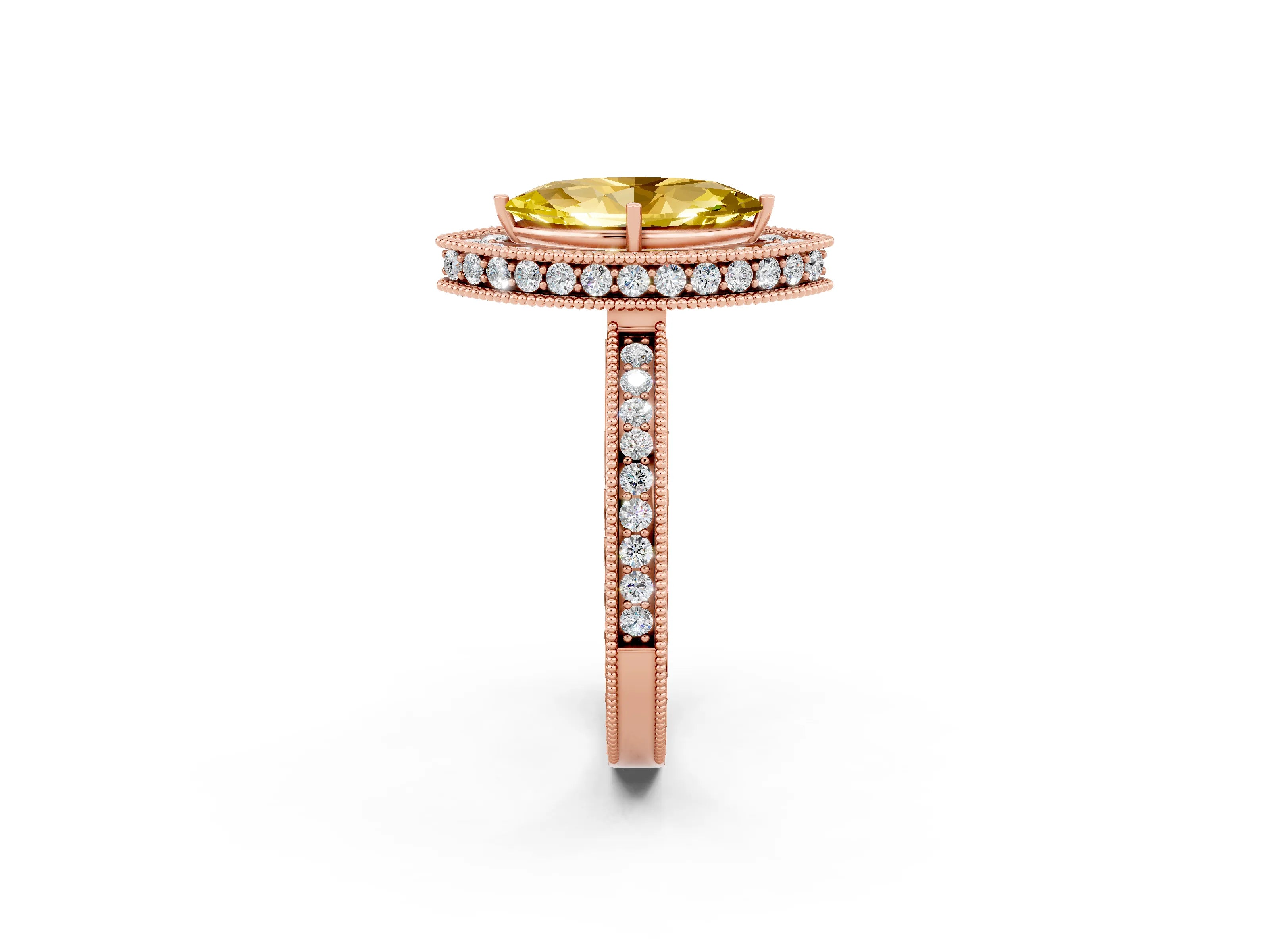 Rose gold Marquise Cut Halo Diamond Engagement Ring with Milgrain Pave Band and Four-Prong Setting_2