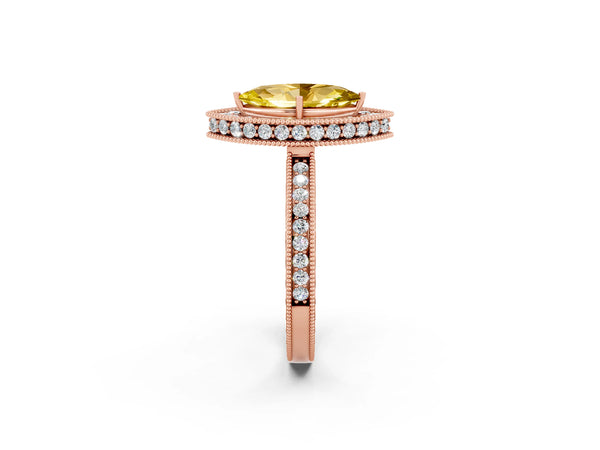 Rose gold Marquise Cut Halo Diamond Engagement Ring with Milgrain Pave Band and Four-Prong Setting