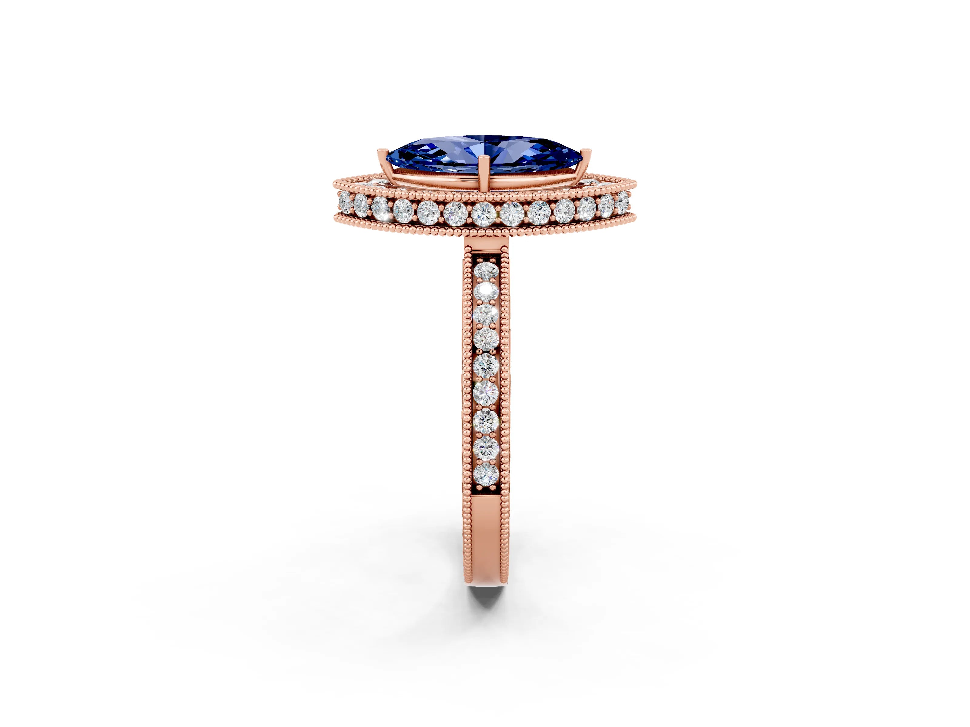 Rose gold Marquise Cut Halo Diamond Engagement Ring with Milgrain Pave Band and Four-Prong Setting_2