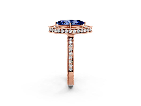 Rose gold Marquise Cut Halo Diamond Engagement Ring with Milgrain Pave Band and Four-Prong Setting