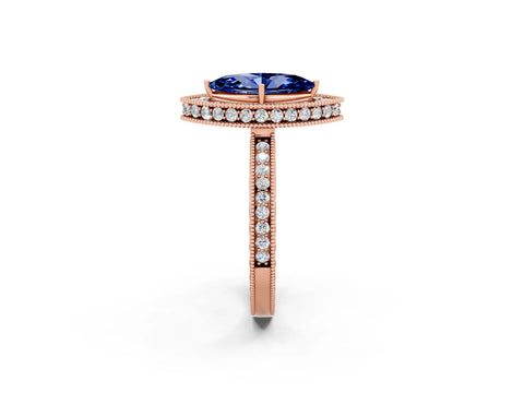 Rose gold Marquise Cut Halo Diamond Engagement Ring with Milgrain Pave Band and Four-Prong Setting_2