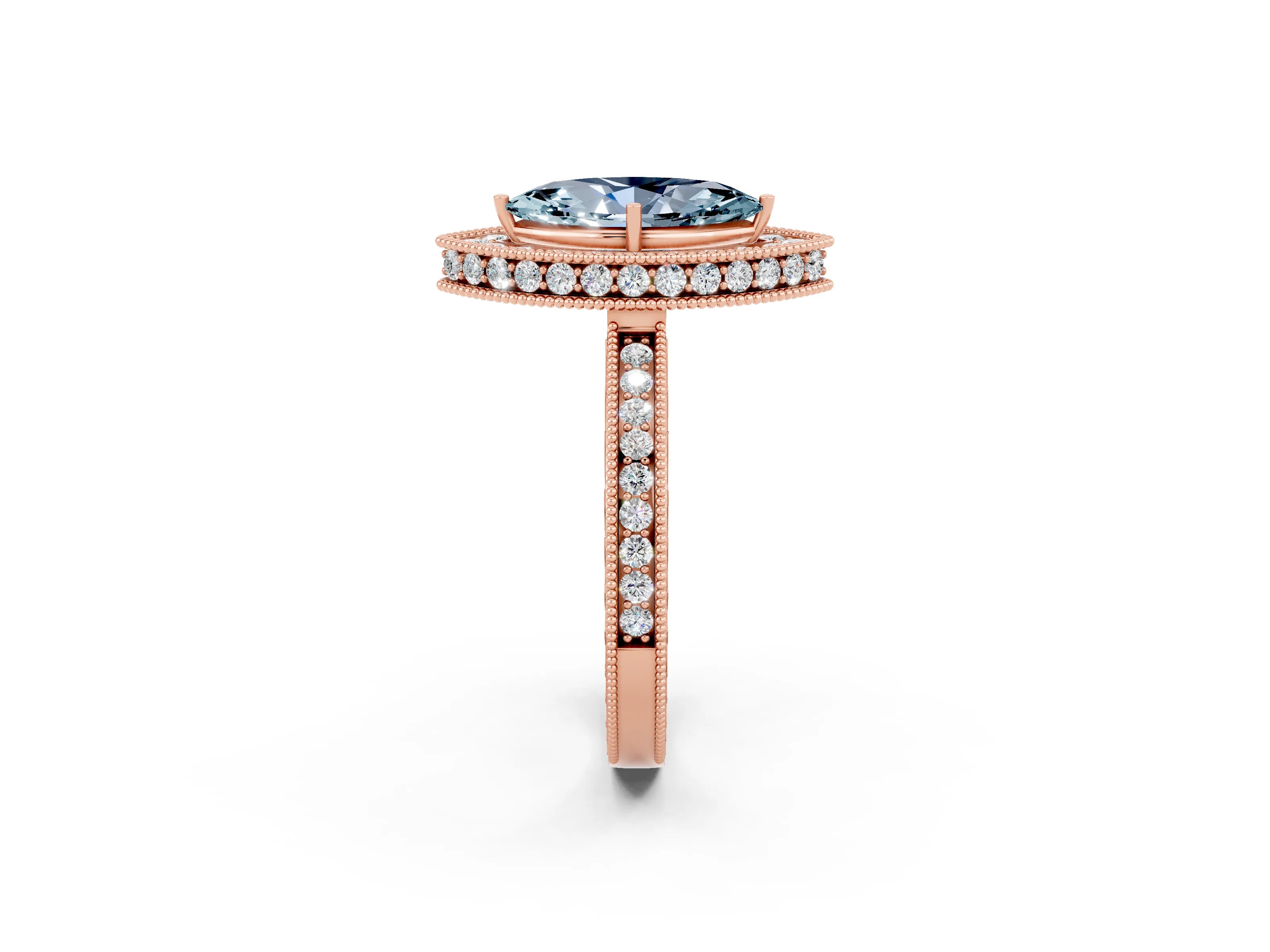 Rose gold Marquise Cut Halo Diamond Engagement Ring with Milgrain Pave Band and Four-Prong Setting_2