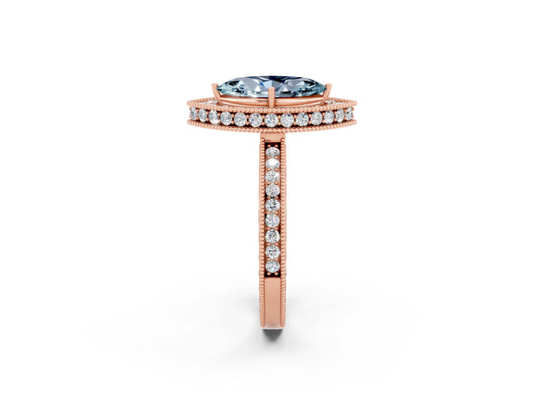 Rose gold Marquise Cut Halo Diamond Engagement Ring with Milgrain Pave Band and Four-Prong Setting