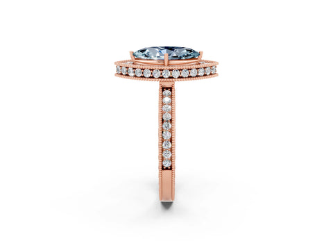 Rose gold Marquise Cut Halo Diamond Engagement Ring with Milgrain Pave Band and Four-Prong Setting_2