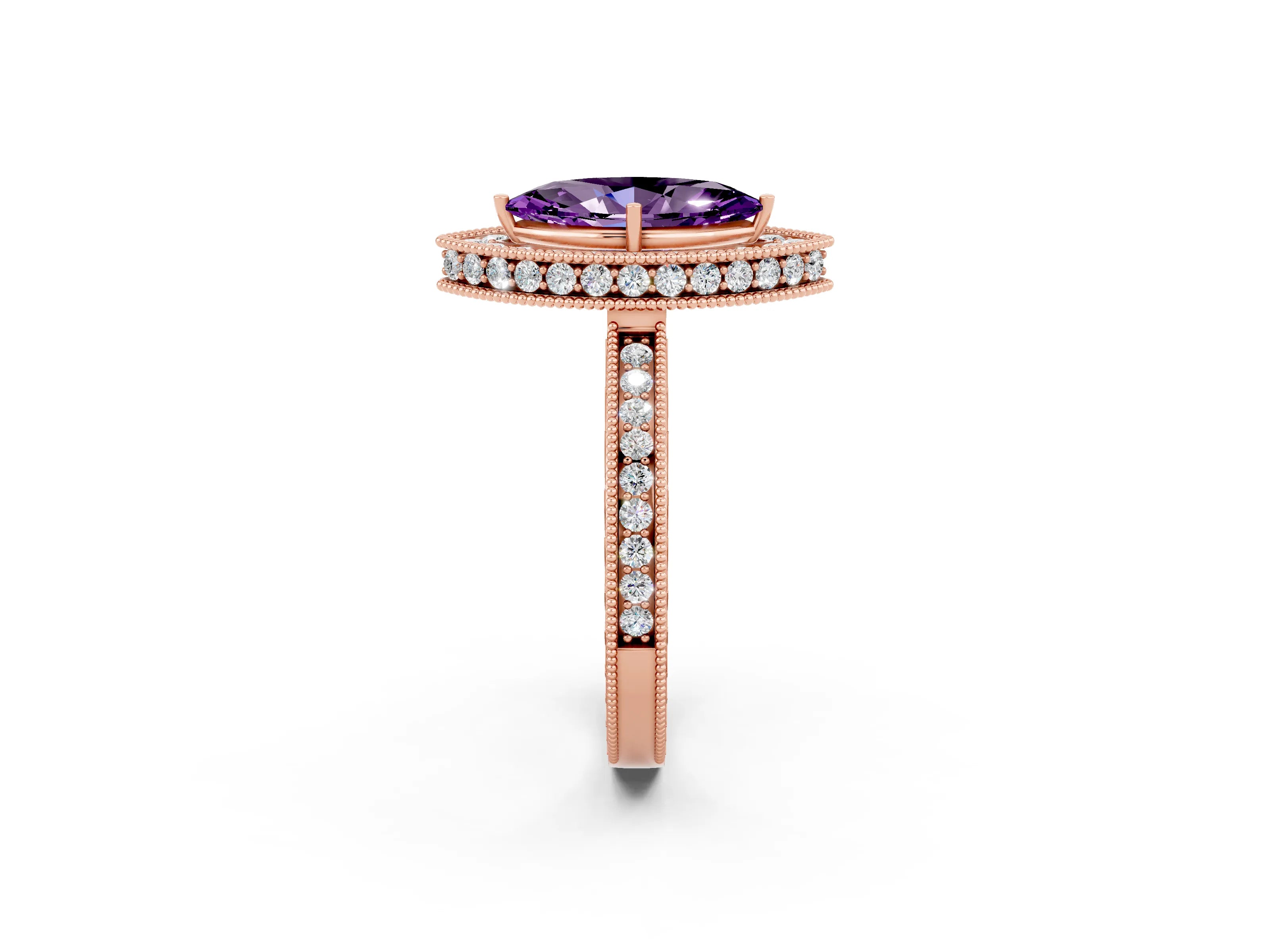 Rose gold Marquise Cut Halo Diamond Engagement Ring with Milgrain Pave Band and Four-Prong Setting_2