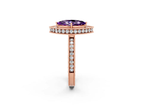 Rose gold Marquise Cut Halo Diamond Engagement Ring with Milgrain Pave Band and Four-Prong Setting_2