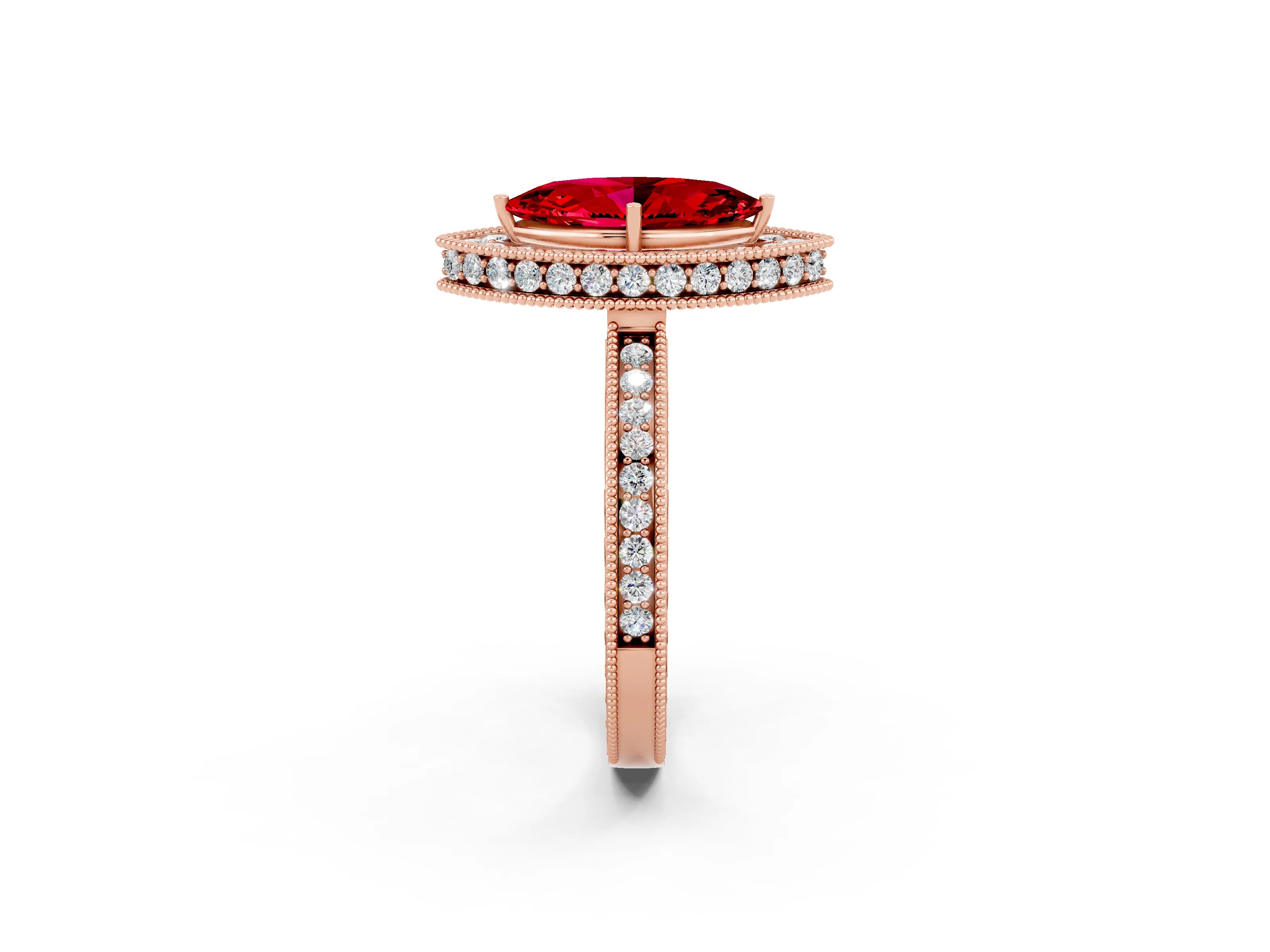 Rose gold Marquise Cut Halo Diamond Engagement Ring with Milgrain Pave Band and Four-Prong Setting_2