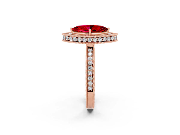 Rose gold Marquise Cut Halo Diamond Engagement Ring with Milgrain Pave Band and Four-Prong Setting