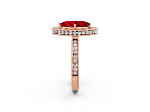 Rose gold Marquise Cut Halo Diamond Engagement Ring with Milgrain Pave Band and Four-Prong Setting_2