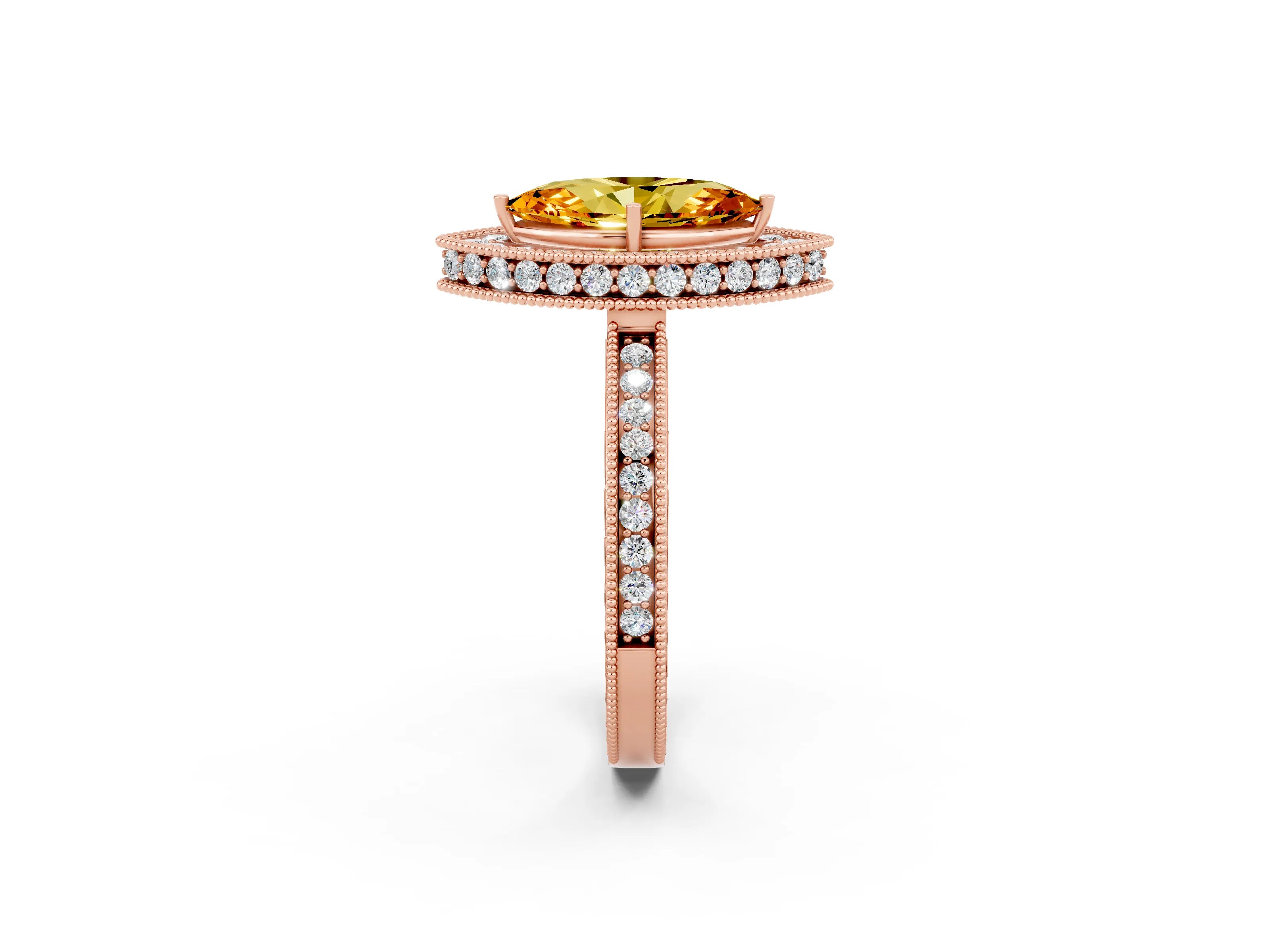 Rose gold Marquise Cut Halo Diamond Engagement Ring with Milgrain Pave Band and Four-Prong Setting_2