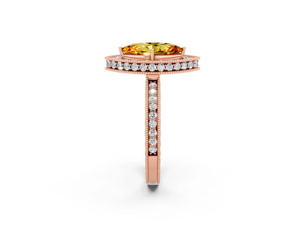 Rose gold Marquise Cut Halo Diamond Engagement Ring with Milgrain Pave Band and Four-Prong Setting