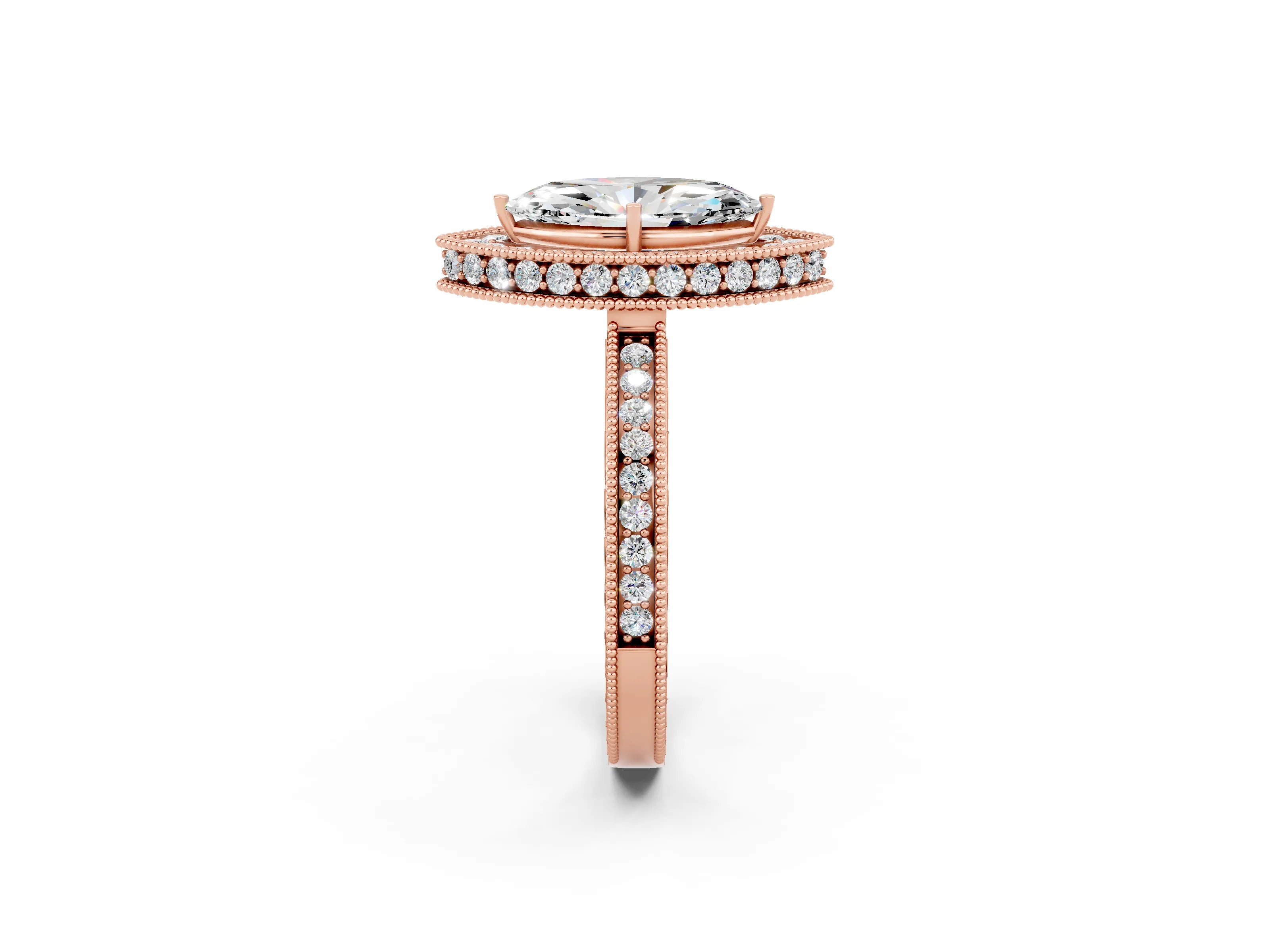 Rose gold Marquise Cut Halo Diamond Engagement Ring with Milgrain Pave Band and Four-Prong Setting_2