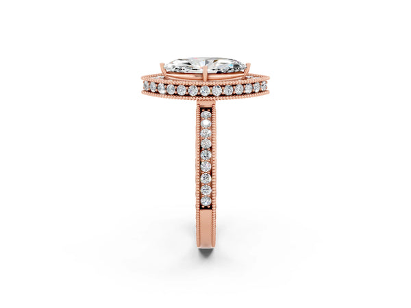 Rose gold Marquise Cut Halo Diamond Engagement Ring with Milgrain Pave Band and Four-Prong Setting
