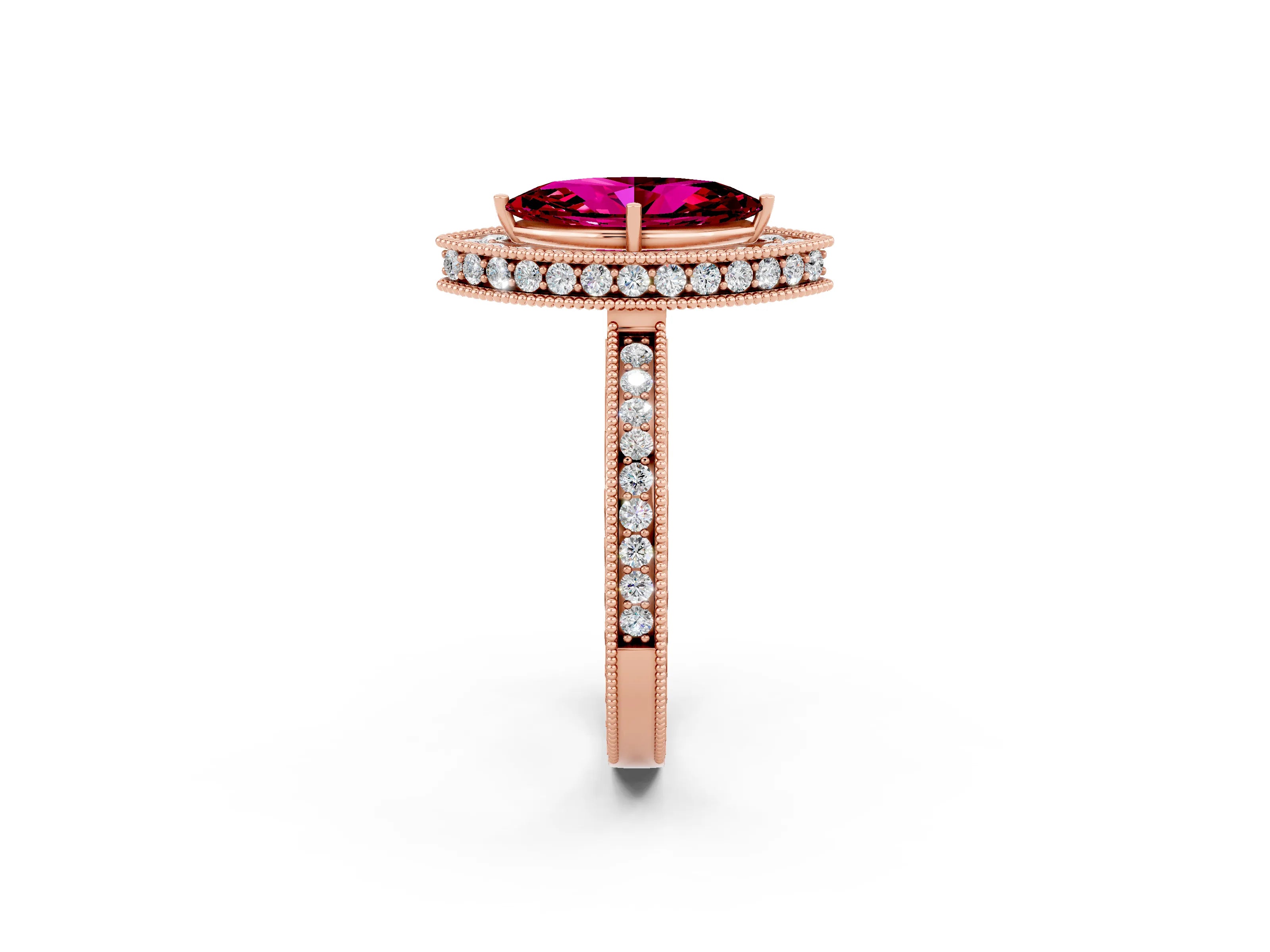 Rose gold Marquise Cut Halo Diamond Engagement Ring with Milgrain Pave Band and Four-Prong Setting_2