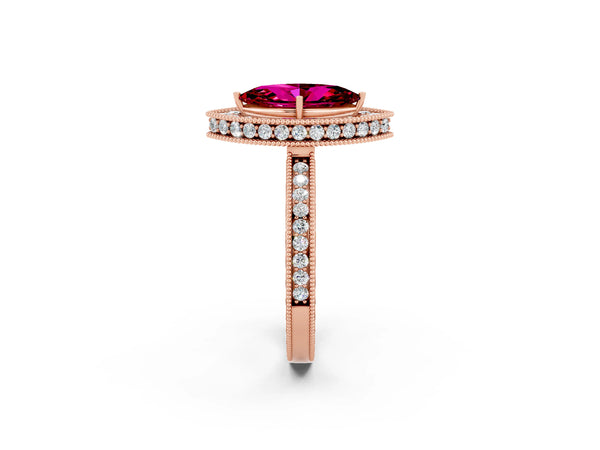 Rose gold Marquise Cut Halo Diamond Engagement Ring with Milgrain Pave Band and Four-Prong Setting