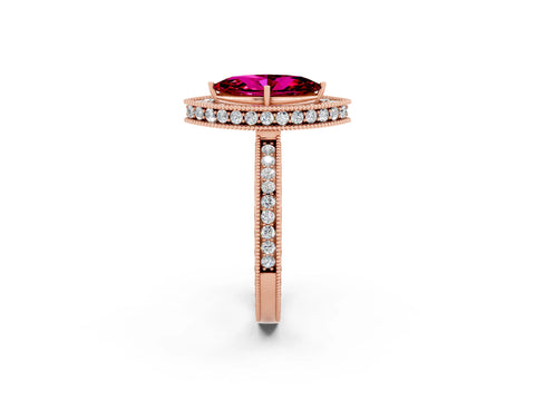 Rose gold Marquise Cut Halo Diamond Engagement Ring with Milgrain Pave Band and Four-Prong Setting_2
