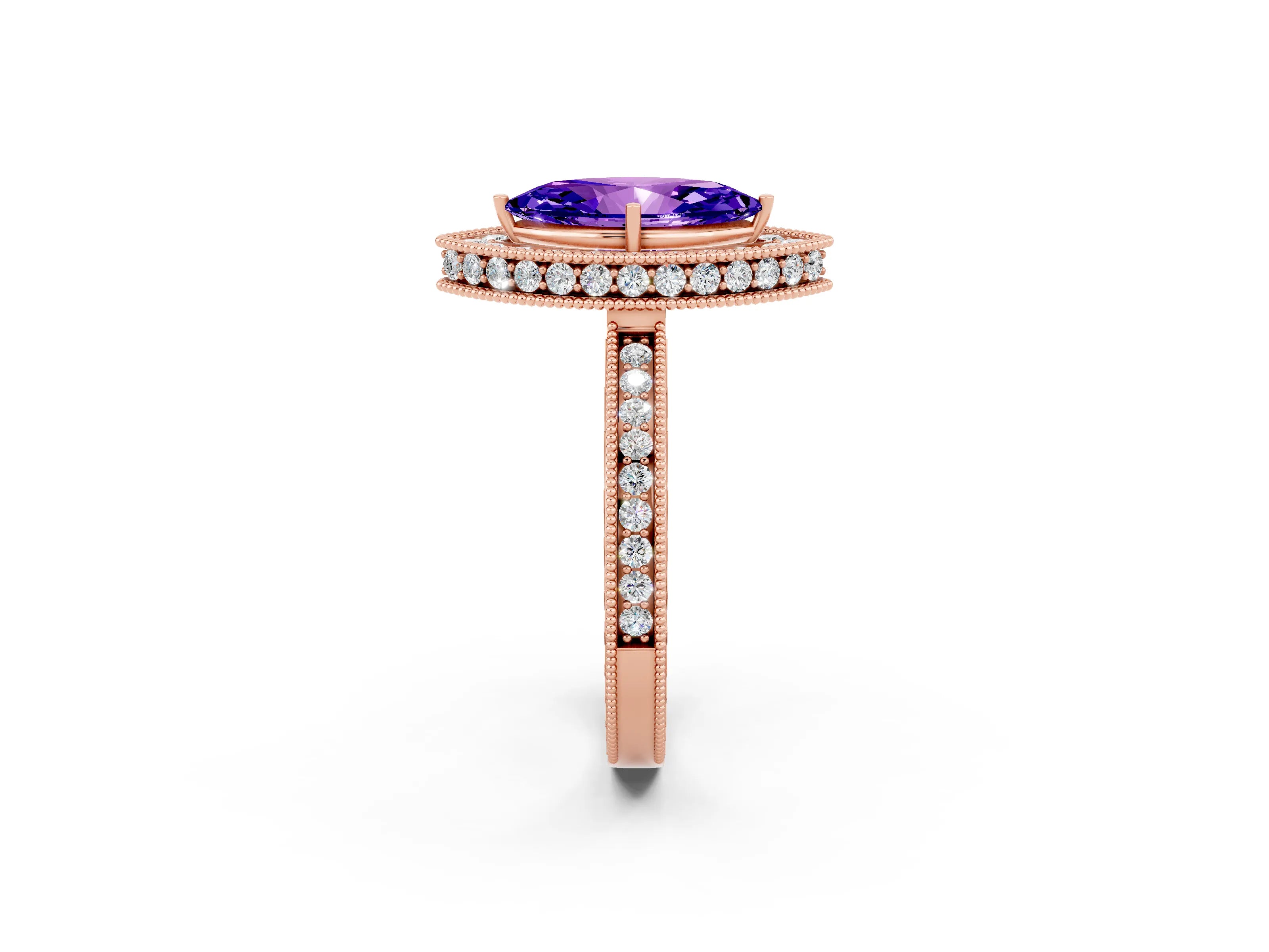 Rose gold Marquise Cut Halo Diamond Engagement Ring with Milgrain Pave Band and Four-Prong Setting_2