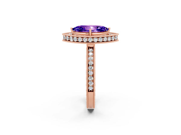Rose gold Marquise Cut Halo Diamond Engagement Ring with Milgrain Pave Band and Four-Prong Setting