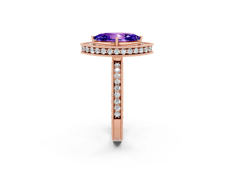 Rose gold Marquise Cut Halo Diamond Engagement Ring with Milgrain Pave Band and Four-Prong Setting_2