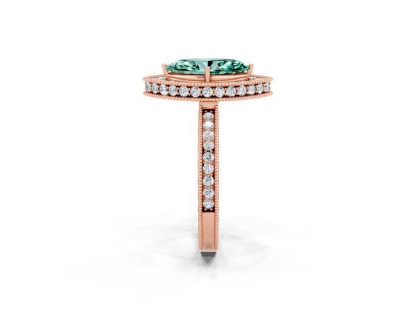 Rose gold Marquise Cut Halo Diamond Engagement Ring with Milgrain Pave Band and Four-Prong Setting