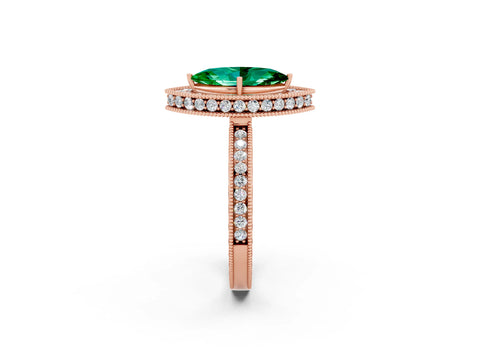 Rose gold Marquise Cut Halo Diamond Engagement Ring with Milgrain Pave Band and Four-Prong Setting_2