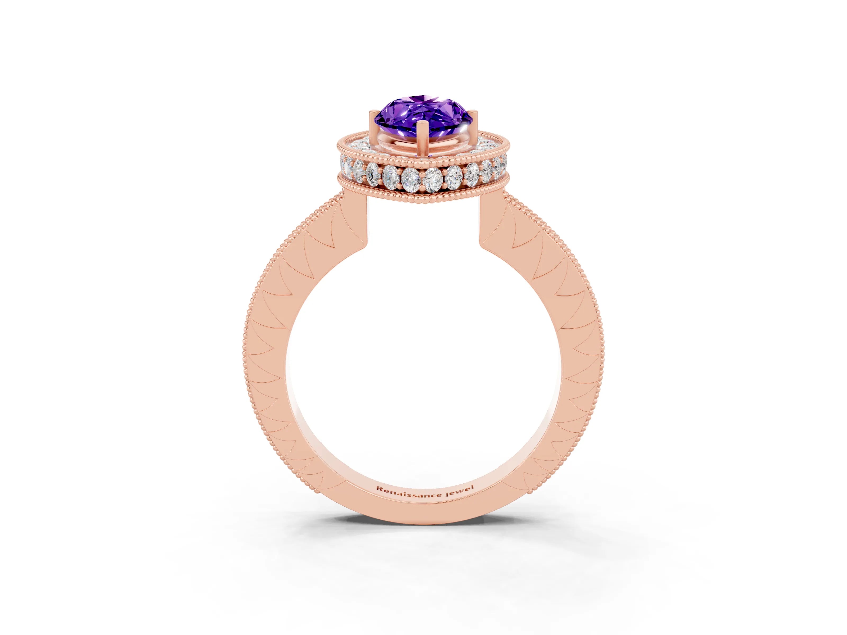 Rose gold Marquise Cut Halo Diamond Engagement Ring with Milgrain Pave Band and Four-Prong Setting_3
