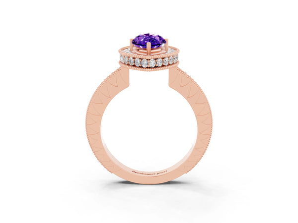 Rose gold Marquise Cut Halo Diamond Engagement Ring with Milgrain Pave Band and Four-Prong Setting