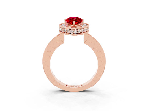 Rose gold Marquise Cut Halo Diamond Engagement Ring with Milgrain Pave Band and Four-Prong Setting
