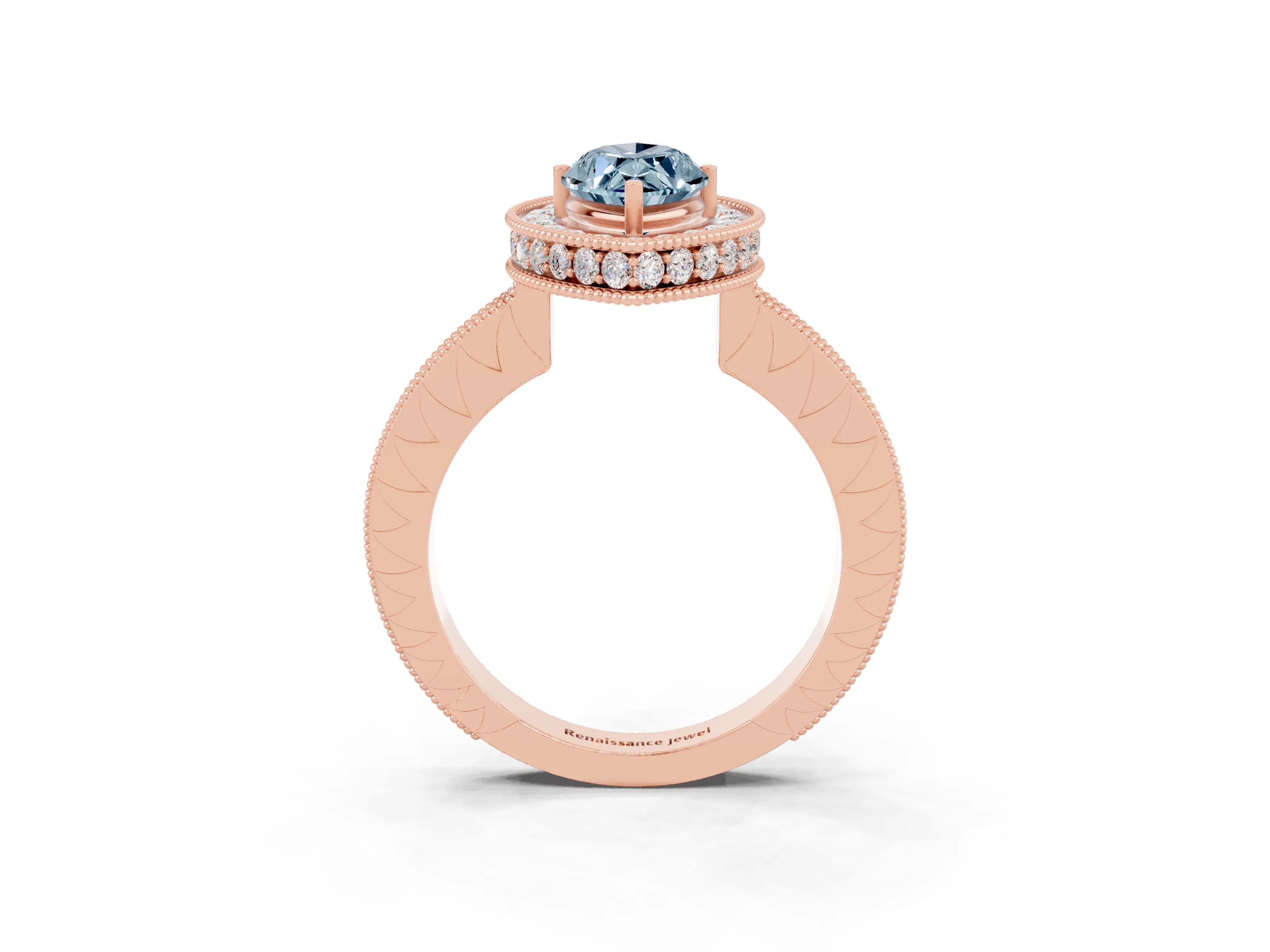 Rose gold Marquise Cut Halo Diamond Engagement Ring with Milgrain Pave Band and Four-Prong Setting_3