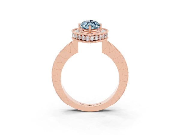 Rose gold Marquise Cut Halo Diamond Engagement Ring with Milgrain Pave Band and Four-Prong Setting