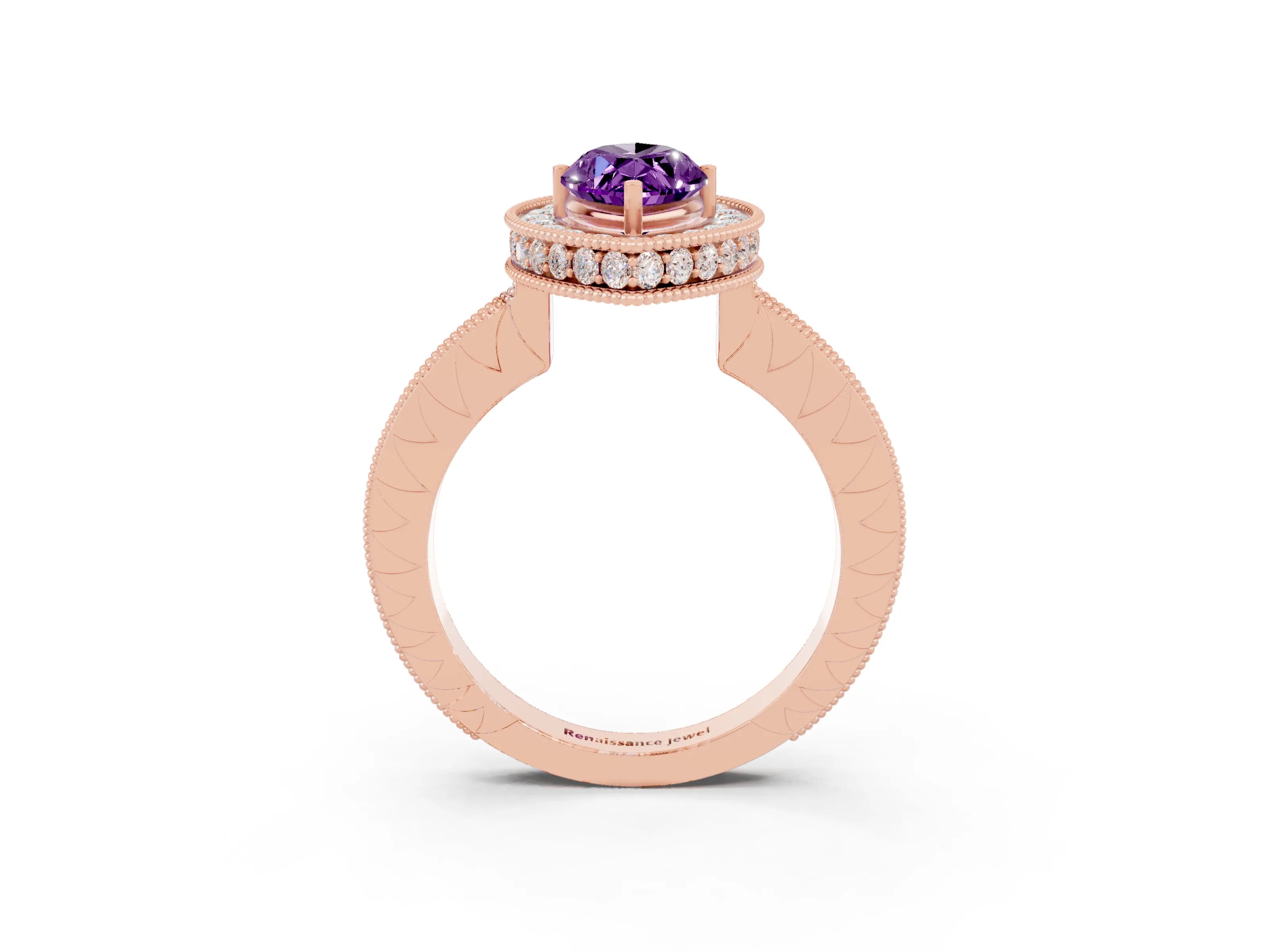 Rose gold Marquise Cut Halo Diamond Engagement Ring with Milgrain Pave Band and Four-Prong Setting_3