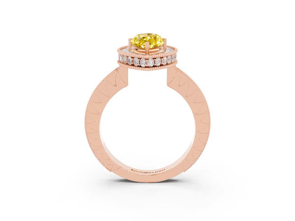 Rose gold Marquise Cut Halo Diamond Engagement Ring with Milgrain Pave Band and Four-Prong Setting