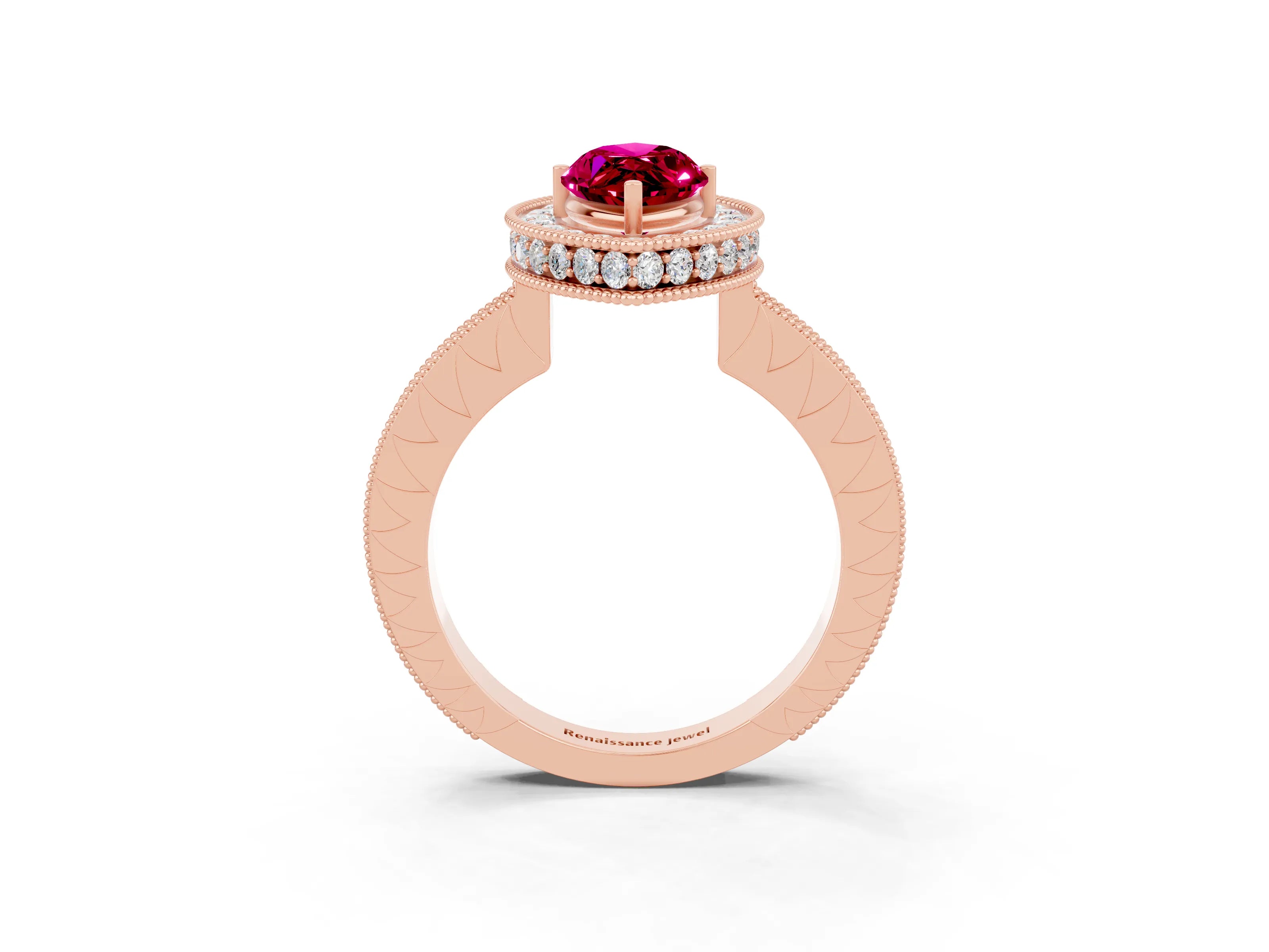 Rose gold Marquise Cut Halo Diamond Engagement Ring with Milgrain Pave Band and Four-Prong Setting_3