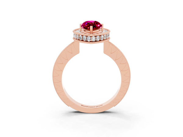 Rose gold Marquise Cut Halo Diamond Engagement Ring with Milgrain Pave Band and Four-Prong Setting