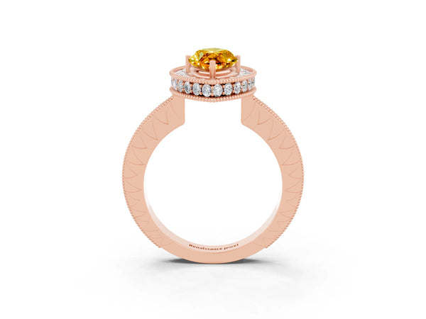 Rose gold Marquise Cut Halo Diamond Engagement Ring with Milgrain Pave Band and Four-Prong Setting