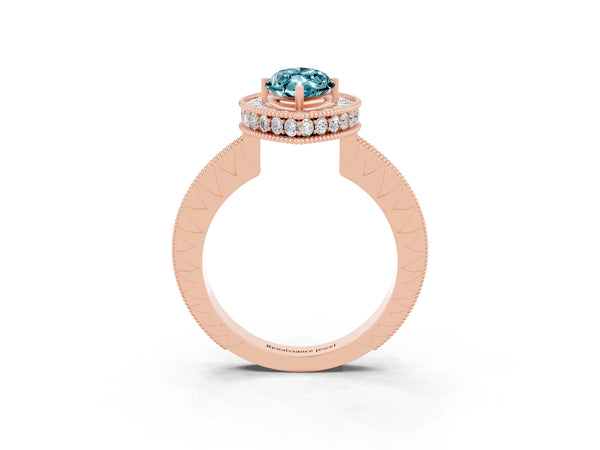 Rose gold Marquise Cut Halo Diamond Engagement Ring with Milgrain Pave Band and Four-Prong Setting