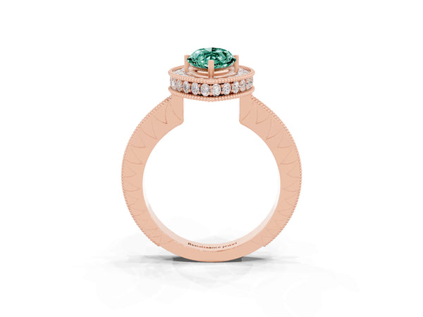 Rose gold Marquise Cut Halo Diamond Engagement Ring with Milgrain Pave Band and Four-Prong Setting