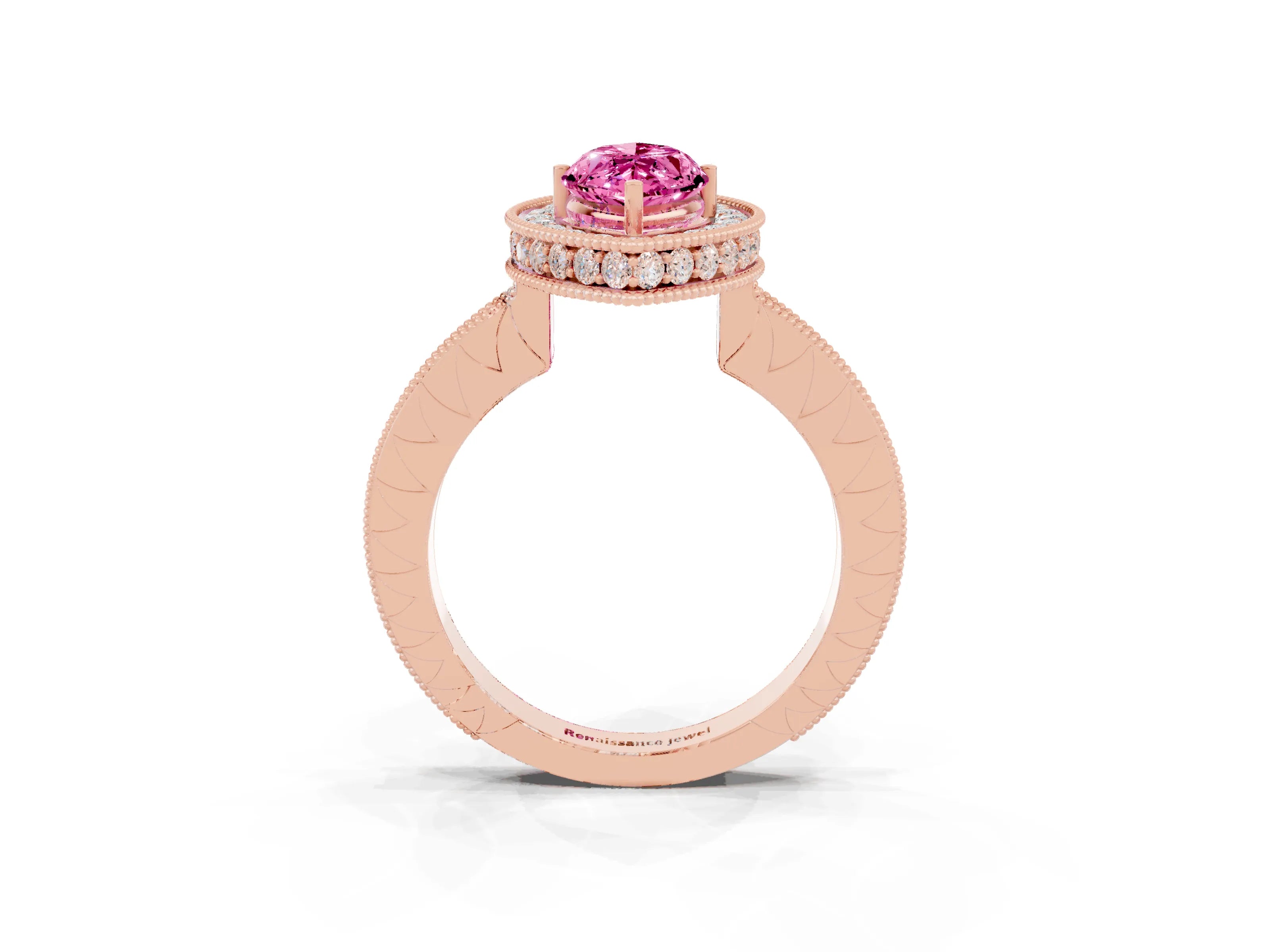Rose gold Marquise Cut Halo Diamond Engagement Ring with Milgrain Pave Band and Four-Prong Setting_3