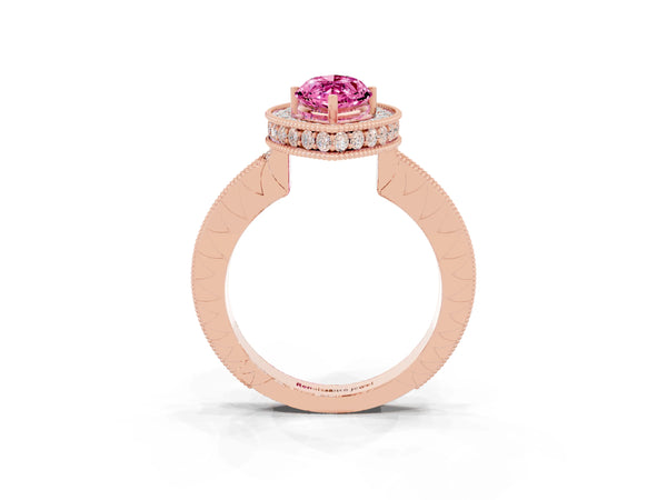 Rose gold Marquise Cut Halo Diamond Engagement Ring with Milgrain Pave Band and Four-Prong Setting