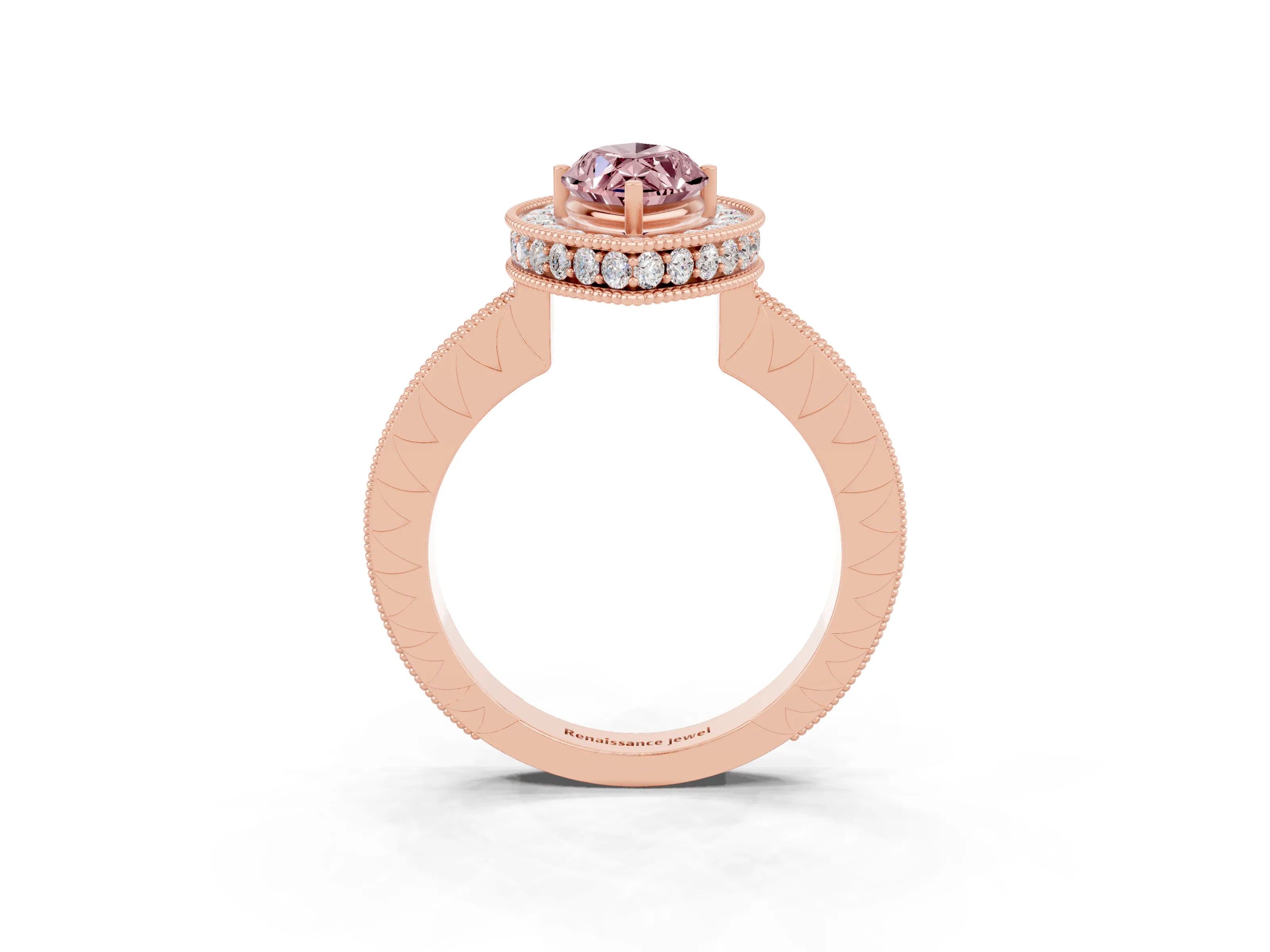 Rose gold Marquise Cut Halo Diamond Engagement Ring with Milgrain Pave Band and Four-Prong Setting_3